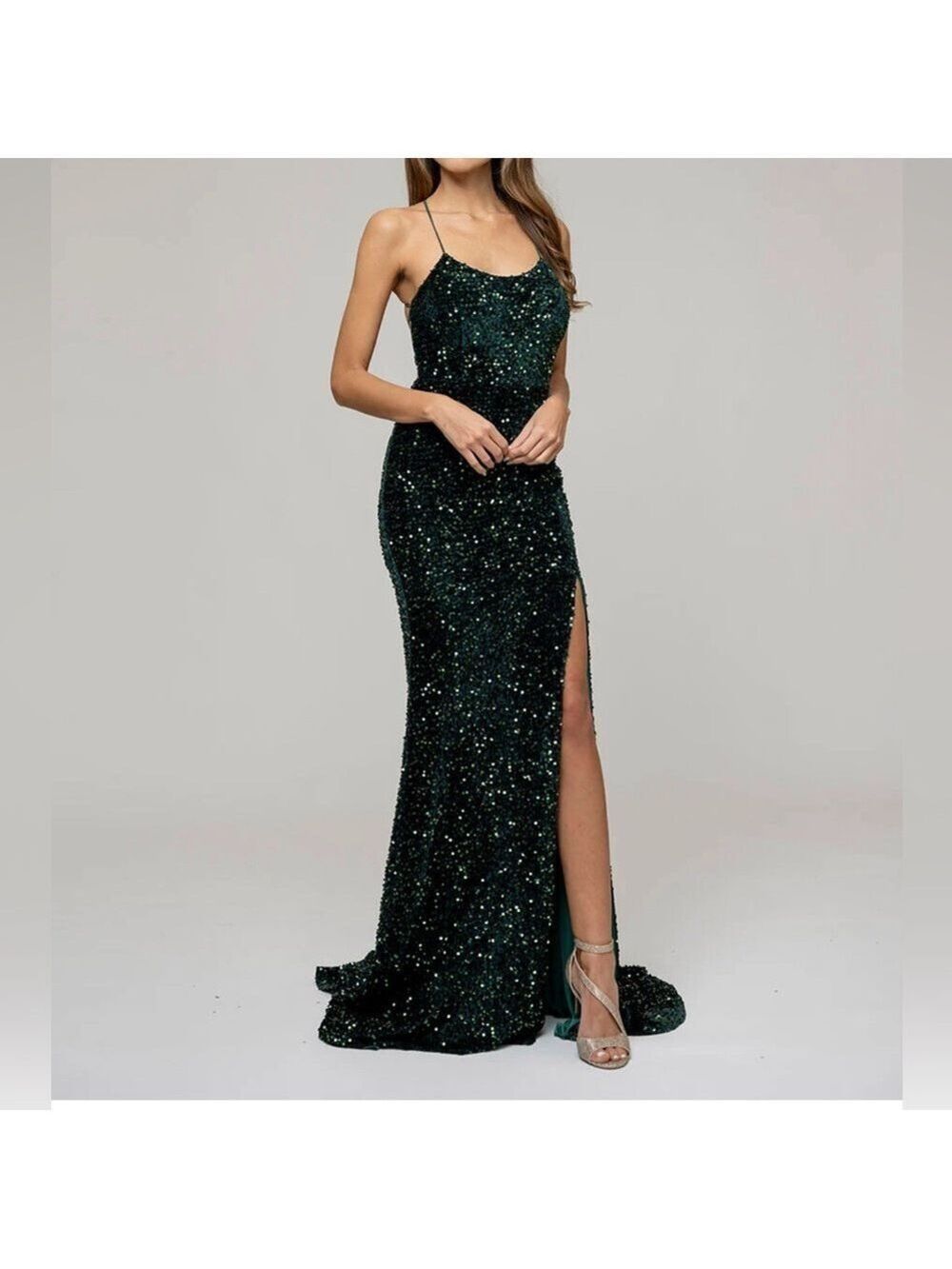 Bloomingdales Elegant long formal Green Sequin Evening Gown with slit  S